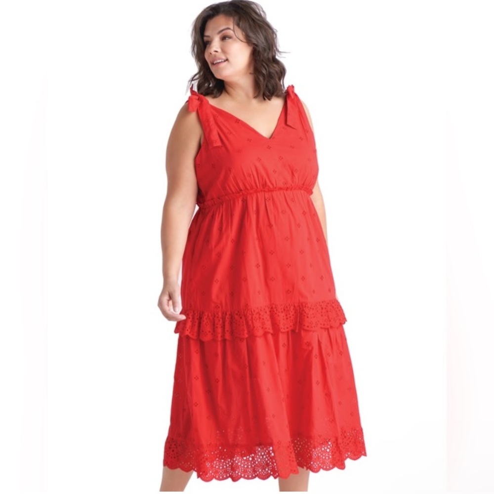 DEX NWT Red Cotton Eyelet Midi Dress 1X  Bow Shoulder Straps Summer